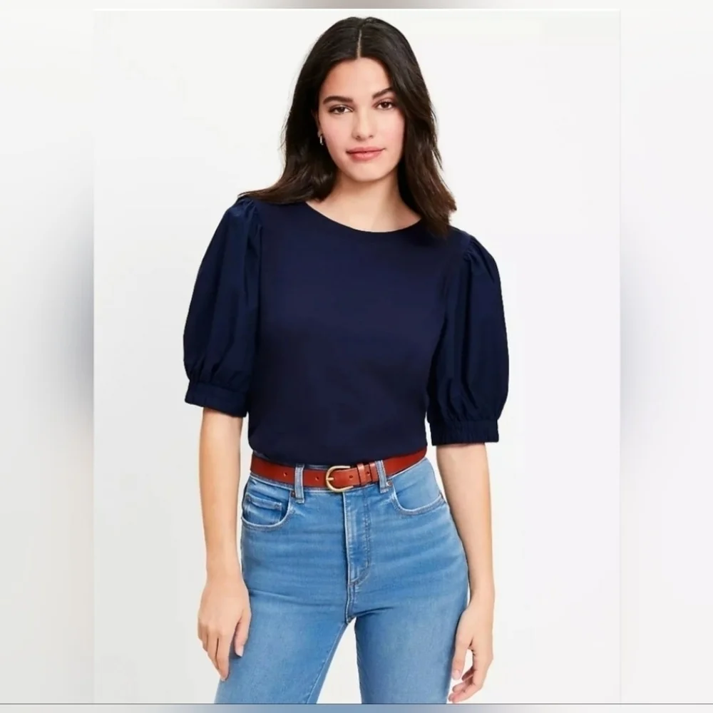 NWT | LOFT | Puff Sleeve Mixed Media Top | Size: Medium | Color: Whisper White
